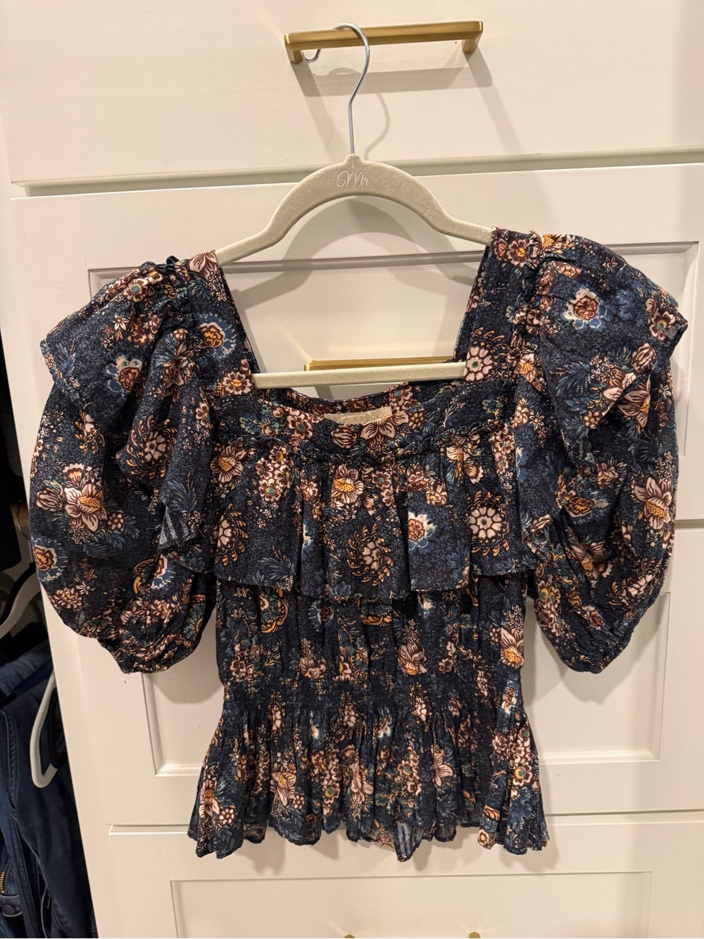 Ulla Johnson Navy Floral Puff Sleeve Smocked Top